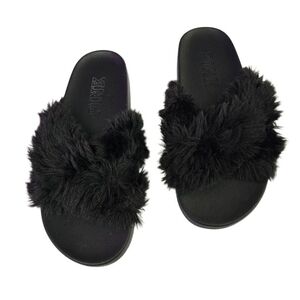 PINK Victoria's Secret Women's Crisscross Black Faux Fur Slides Slippers